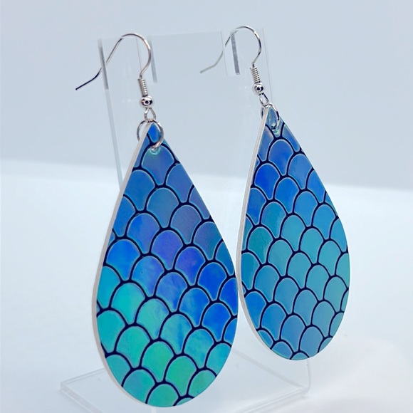 Faux Leather Teardrop Earrings Mermaid Blue Iridescent - Picture 2 of 4